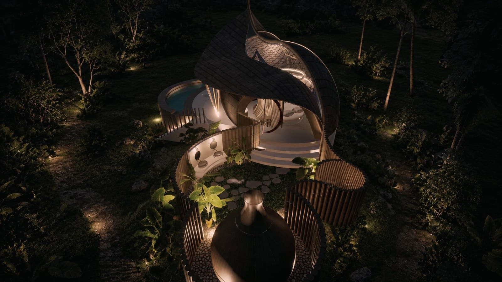 Villa Aruma from above at night, the sculptural bamboo roof and private garden