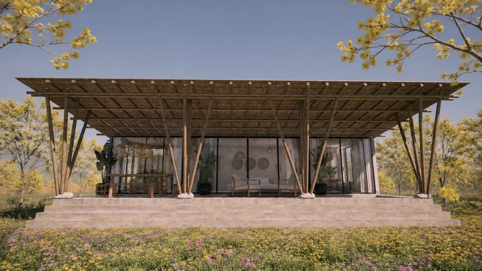 Container Pavilion concept, a glass-walled container beneath a wide bamboo roof