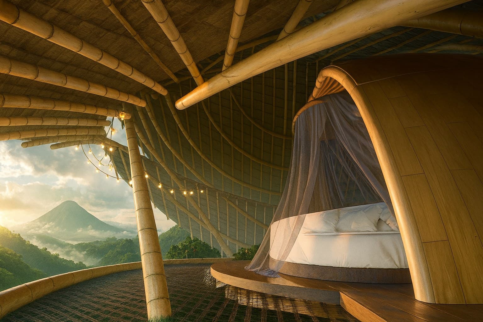 Harpy Eagle Villa, bedroom with mountain view through the curved bamboo