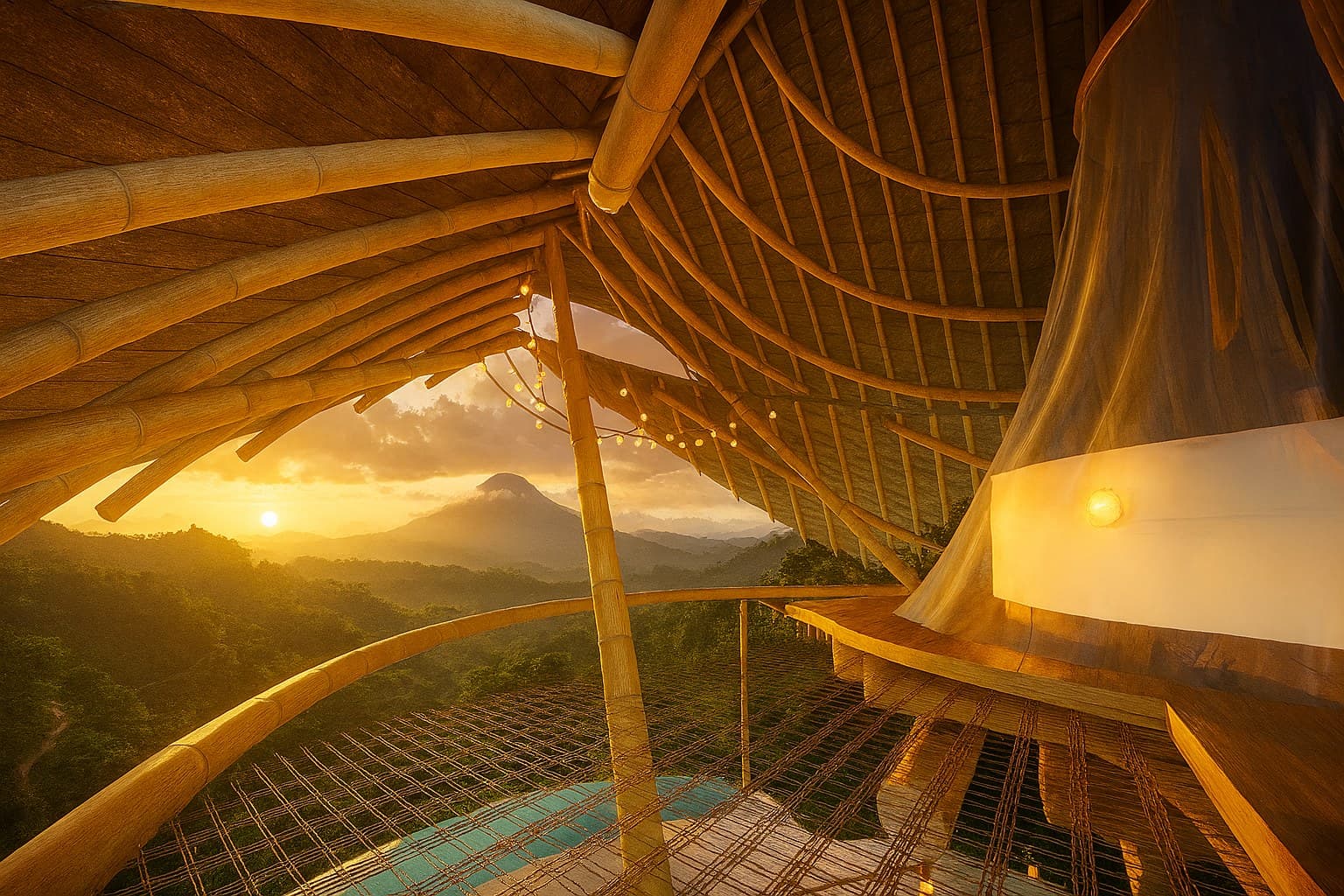Harpy Eagle Villa, the suspended net lounge over the pool at sunset